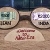 A sand sculpture on new currency notes and demonetisation