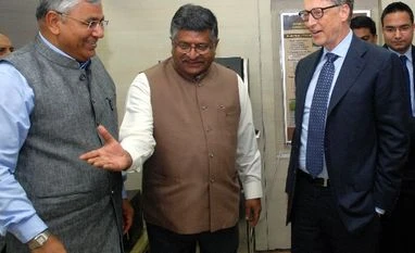 Bill Gates meets IT Minister to discuss Microsoft's collaboration with 'Digital India' Minister for Information Technology Ravi Shankar Prasad meets Bill Gates, co-founder, Microsoft and Minister of Electronics and Information Technology P P Chaudhary in New Delhi (Pic: Dalip Kumar)