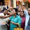 Bharatiya Janata Party (BJP) workers celebrate the win of party candidates from Lakhimpur Lok Sabha seat and Boithalangsu assembly seat, in Guwahati