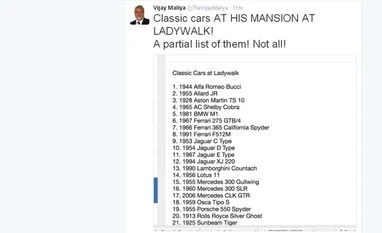 Mallya's Twitter account hacked; group threatens to reveal all assets, UK address List of cars allegedly owned by Vijay Mallya