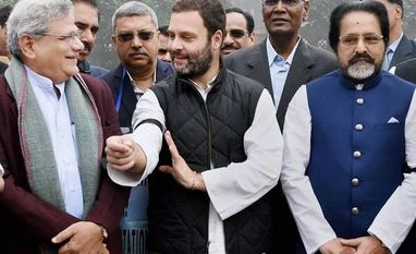 Rahul Gandhi is over estimating his debating skills: Centre Rahul Gandhi along with Sitaram Yechury, Sudip Bandyopadhyay and other opposition leaders protest to observe a 'Black Day' against demonetisation at Parliament House in New Delhi (Photo: PTI)