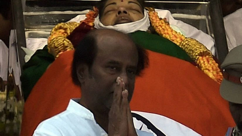 Tamil actor Rajinikanth paying his last respects to chief minister J Jayalalithaa at Rajaji Hall in Chennai. Photo: PTI Tamil actor Rajinikanth paying his last respects to chief minister J Jayalalithaa at Rajaji Hall in Chennai. Photo: PTI