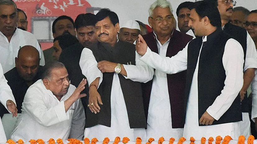 Uttar Pradesh Chief Minister Akhilesh Yadav with Samajwadi Party Supremo Mulayam Singh Yadav and party state president Shivpal Yadav at a programme in Lucknow. Photo: PTI Uttar Pradesh Chief Minister Akhilesh Yadav with Samajwadi Party Supremo Mulayam Singh Yadav and party state president Shivpal Yadav at a programme in Lucknow. Photo: PTI