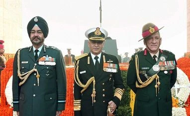 Tri-services operational doctrine unveiled Chief of the Army Staff General Bipin Rawat, Navy Chief Admiral Sunil Lanba and Air Chief Marshal Birender Singh Dhanoa after paying homage at Amar Jawan Jyoti at India Gate on the occasion of Army Day 2017