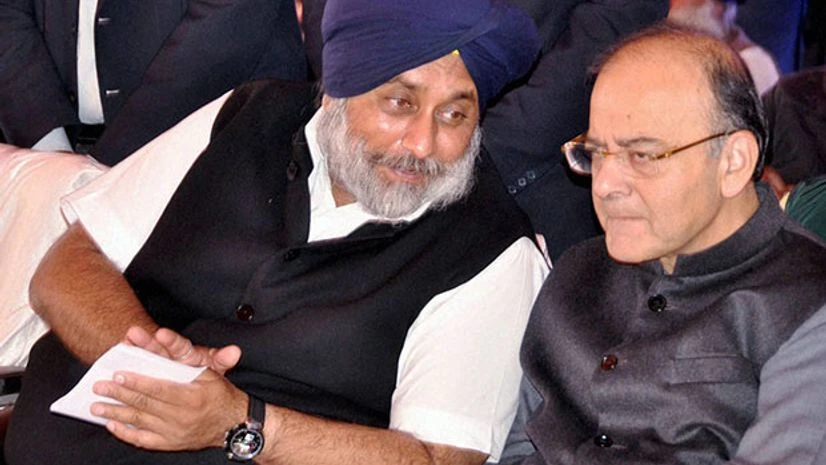 SAD President Sukhbir Singh Badal with Finance Minister Arun Jaitley. Photo: PTI SAD President Sukhbir Singh Badal with Finance Minister Arun Jaitley. Photo: PTI