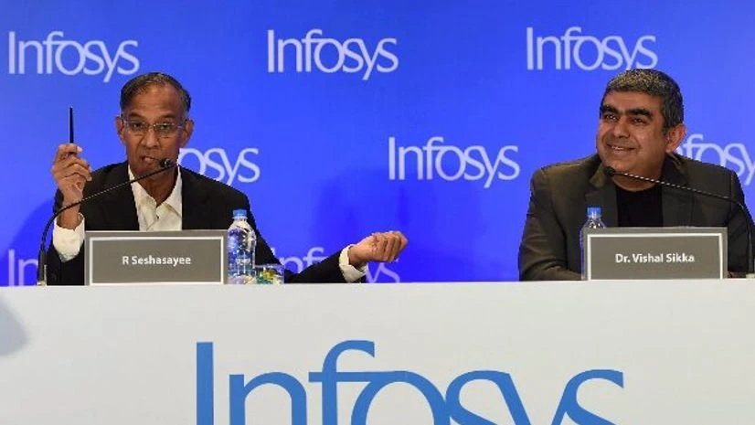 R Seshasayee, Chairman of Board, Infosys and Infosys CEO, Vishal Sikka addresses a press conference in Mumbai (Photo: PTI) Vishal Sikka