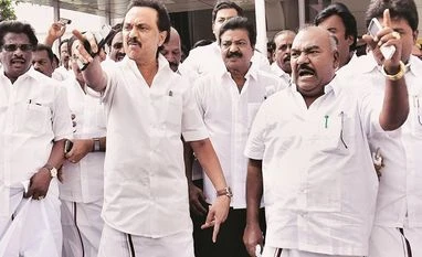 Stalin seeks PM's intervention on passage of women's bill DMK working president M K Stalin (centre) along with his party MLAs at the Tamil Nadu Secretariat in Chennai on Saturday Photo: PTI