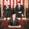 US President Trump addresses Joint Session of Congress. Behind him are  Vice- President Mike Pence (left) and Speaker Paul Ryan (right) (Photo: Reuters)
