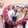Maharashtra Chief Minister Devendra Fadnavis (centre) with party members after the results of the BMC polls were announced last month. Photo: PTI