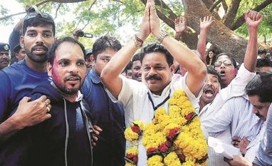Congress candidate Dayanand Raghunath Sopte (centre) celebrates after defeating BJP leader and Goa Chief Minister Laxmikant Parsekar Congress candidate Dayanand Raghunath Sopte (centre) celebrates after defeating BJP leader and Goa Chief Minister Laxmikant Parsekar