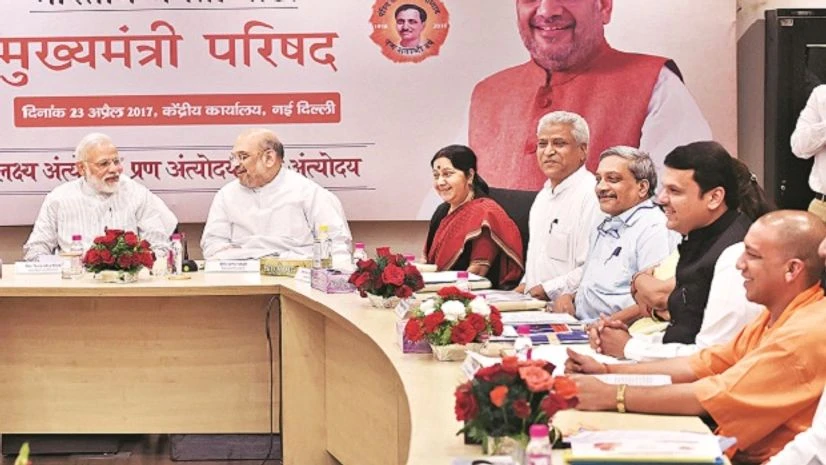 (From left) Prime Minister Narendra Modi with BJP President Amit Shah, External Affairs Minister Sushma Swaraj and party leaders in New Delhi on Sunday. (From left) Prime Minister Narendra Modi with BJP President Amit Shah, External Affairs Minister Sushma Swaraj and party leaders in New Delhi on Sunday.