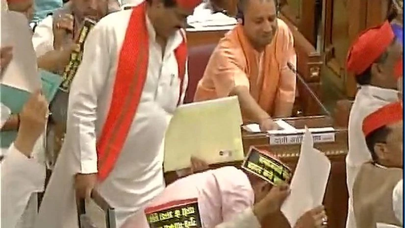 Yogi Adityanath, UP Assembly Pandemonium in Uttar Pradesh assembly over law and order situation in the state. Photo: @ANINewsUP