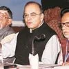 Union Finance Minister Arun Jaitley (centre) with MoS Santosh Gangwar (left) and Revenue Secretary Hasmukh Adhia at a press conference on the first day of the 14th Goods and Services Tax (GST) Council at SKICC in Srinagar on Thursday. Photo: PTI