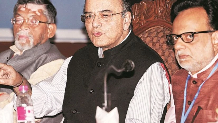 Union Finance Minister Arun Jaitley (centre) with MoS Santosh Gangwar (left) and Revenue Secretary Hasmukh Adhia at a press conference on the first day of the 14th Goods and Services Tax (GST) Council at SKICC in Srinagar on Thursday. Photo: PTI Union Finance Minister Arun Jaitley (centre) with MoS Santosh Gangwar (left) and Revenue Secretary Hasmukh Adhia at a press conference on the first day of the 14th Goods and Services Tax (GST) Council at SKICC in Srinagar on Thursday. Photo: PTI