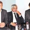 (Left-right) Guenter Butschek, CEO & MD, Tata Motors, Ravindra Pisharody, executive director, commercial vehicles, and Mayank Pareek, president, passenger vehicles, at the announcement of the company’s results in Mumbai on Tuesday. Photo: Suryakant N