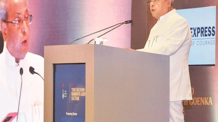 President Pranab Mukherjee speaks during the Ramnath Goenka Memorial Lecture in New Delhi on Thursday Photo: PTI President Pranab Mukherjee speaks during the Ramnath Goenka Memorial Lecture in New Delhi on Thursday Photo: PTI