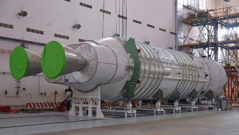 L110 Liquid Stage at Stage Preparation Facility. Photo: Isro L110 Liquid Stage at Stage Preparation Facility. Photo: Isro