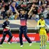 England's Mark Wood celebrates after bowling Australia's Glenn Maxwell caught by England's Jason Roy for 20 runs during an ICC Champions Trophy match between England and Australia at Edgbaston. Photo: PTI