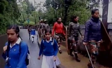 Gorkhaland, Darjeeling Paramilitary force patrol the city during the indefinite bandh called by Gorkha Janmukti Morch