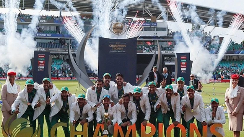 Pakistan Cricket team Pakistan players celebrate during the award ceremony for the ICC Champions Trophy at The Oval in London. Photo: AP/PTI