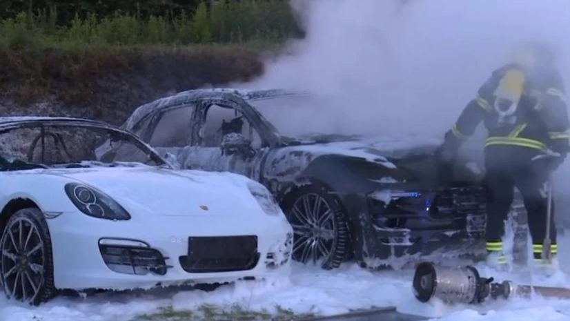 Fire brigade trying to douse Porsches on fire in Hamburg, Germany on Thursday. Photo: Youtube Fire brigade trying to douse Porsches on fire in Hamburg, Germany on Thursday. Photo: Youtube