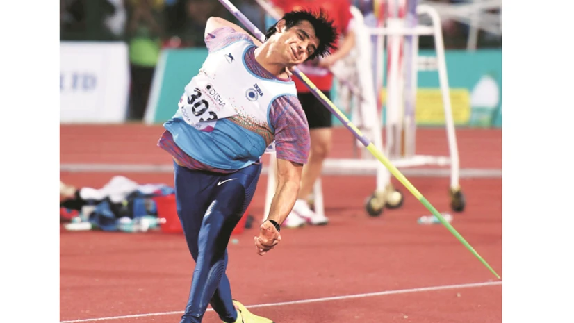 Neeraj Chopra, javelin throw event, Asian Athletics India's Neeraj Chopra during the Men's javelin throw event at Asian Athletics meet at Kalinga stadium in Bhubaneswar on Sunday. Neeraj won the gold in javelin throw. (Photo: PTI)