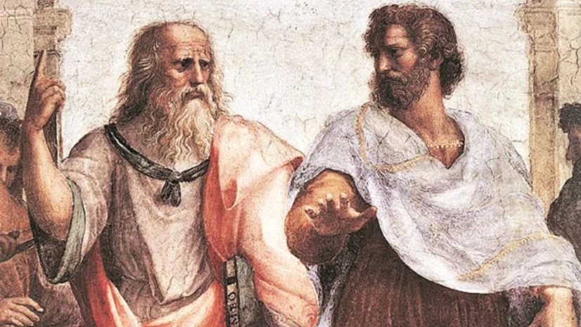 Plato, Aristotle The School of Athens by Raffaello Sanzio, 1509, showing Plato (left) and Aristotle
