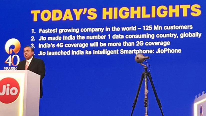 Reliance Industries CMD Mukesh Ambani speaking during the AGM on Friday in Mumbai Reliance Industries CMD Mukesh Ambani speaking during the AGM on Friday in Mumbai