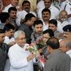 Bihar Chief Minister Nitish Kumar receives greeting from JD(U) and BJP legislators at Vidhan Sabha in Patna.