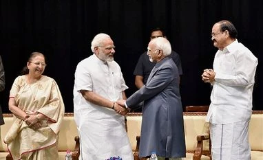 Hamid Ansari, Narendra Modi Outgoing Vice-President Hamid Ansari exchanges greetings Prime Minister Narendra Modi as Vice President-designate M Venkaiah Naidu, Lok Sabha Speaker Sumitra Mahajan and Leader of Opposition Ghulam Nabi Azad look on during his farewell function at GM