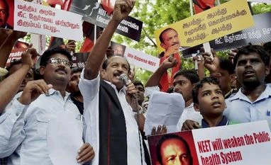 Use NEET as only basis for admission, SC tells Tamil Nadu medical colleges MDMK leader Vaiko, along with his party workers, holding a protest against the Central government on NEET issue, in Chennai (Photo: PTI)