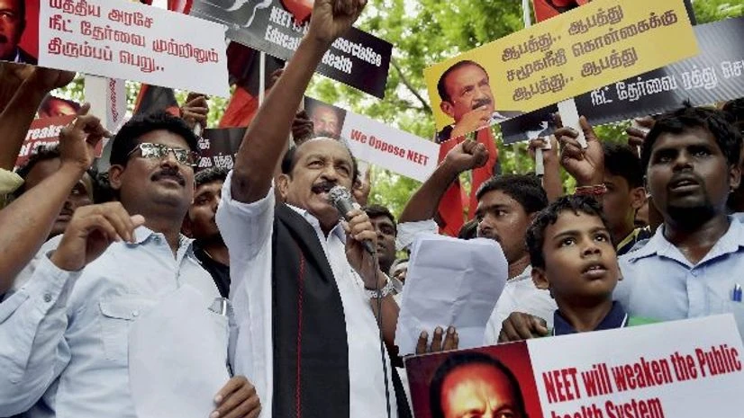 MDMK leader Vaiko, along with his party workers, holding a protest against the Central government on NEET issue, in Chennai (Photo: PTI) MDMK leader Vaiko, along with his party workers, holding a protest against the Central government on NEET issue, in Chennai (Photo: PTI)