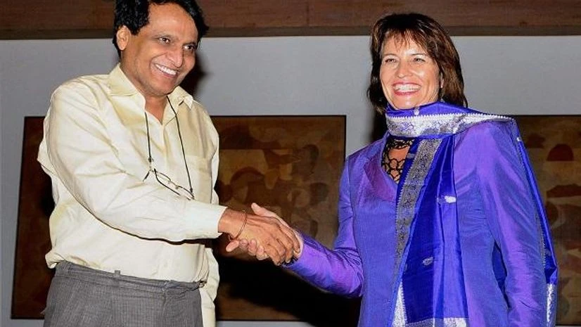Suresh Prabhu, Doris Leuthard Union Minister for Railways Suresh Prabhakar Prabhu shakes hands with President of Swiss Confederation Doris Leuthard. Photo: PTI