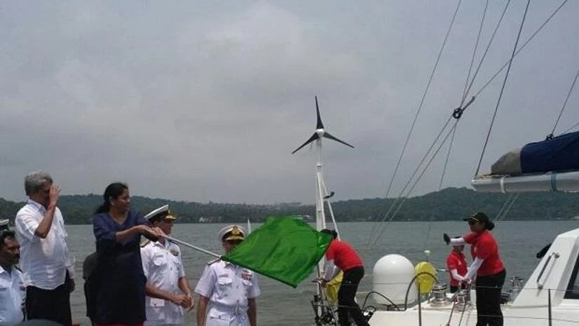 Nirmala Sitharaman flags off #NavikaSagarParikrama, 1st Indian circumnavigation of globe by all-women crew. Photo: Twitter ( @airnewsalerts) Nirmala Sitharaman flags off #NavikaSagarParikrama, 1st Indian circumnavigation of globe by all-women crew. Photo: Twitter ( @airnewsalerts)
