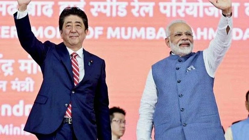 PM Modi and Japanese PM Shinzo Abe lay the foundation stone for India's first high-speed rail project on Thursday in Ahmedabad. Photo: Twitter (@ANI) PM Modi and Japanese PM Shinzo Abe lay the foundation stone for India's first high-speed rail project on Thursday in Ahmedabad. Photo: Twitter (@ANI)