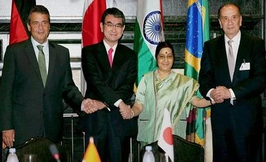 Countries using terrorism as instrument of state policy: Sushma Swaraj Sushma Swaraj, Aloysio Nunes, Sigmar Gabriel ,Taro Kono