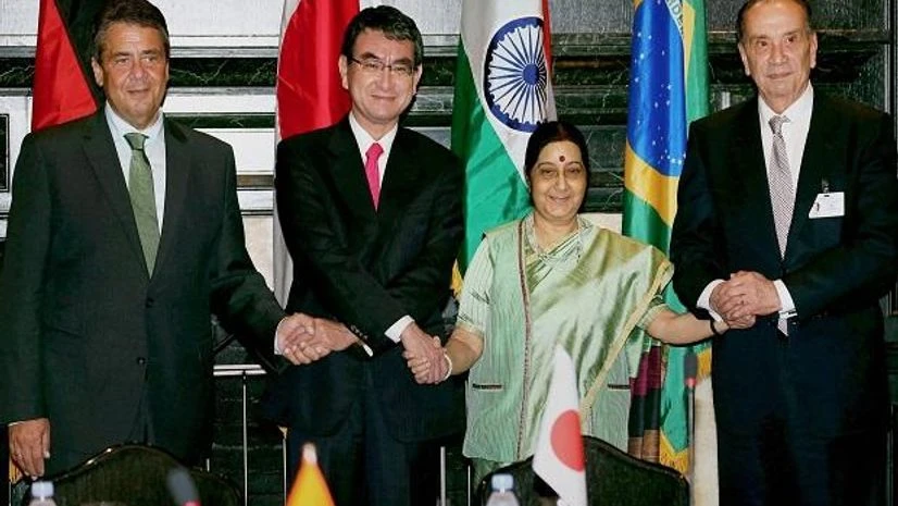 Sushma Swaraj, Aloysio Nunes, Sigmar Gabriel ,Taro Kono External Affairs Minister Sushma Swaraj, Brazilian Foreign Relations Minister Aloysio Nunes, German Foreign Minister Sigmar Gabriel and Japanese Foreign Minister Taro Kono during a meeting of G4 countries in New York. Photo: AP/PTI
