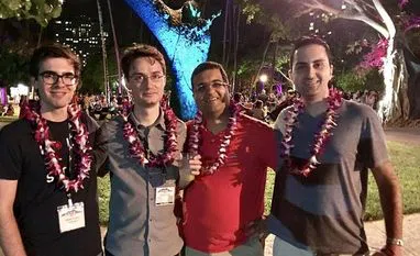 Apple engineers Soroush Salehian (right) and Mina Rezk (second from right)are the founders of a new Silicon Valley start-up called Aeva, and their small black device is designed for self-driving cars. photo: twitter