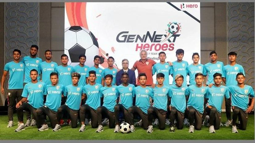 Fifa U17 World Cup Gurugram : Indian footballers with Pawan Munjal, CMD, Hero MotoCorp Ltd. , during a promotional event ahead of the FIFA U-17 World Cup in Gurugram on Saturday. PTI Photo