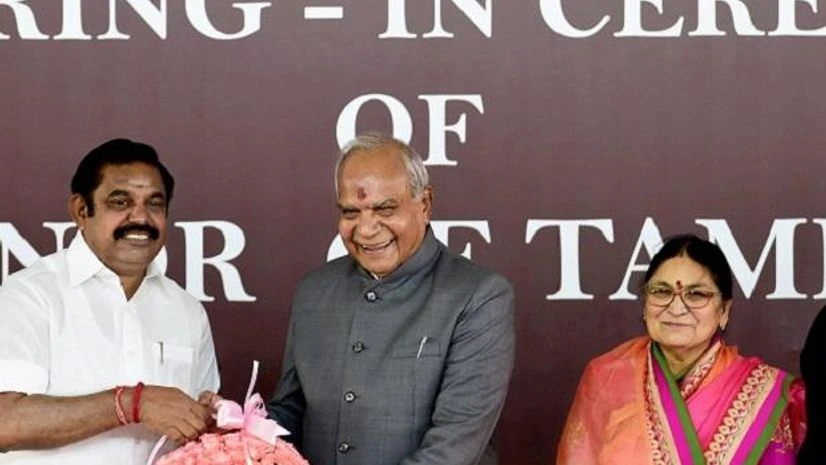 Tamil Nadu Governor Banwarilal Purohit being greeted by Chief Minister K Palaniswami (L) Newly appointed Tamil Nadu Governor Banwarilal Purohit being greeted by Chief Minister K Palaniswami (L) after he was administered the oath of office at a ceremony at the Raj Bhavan in Chennai. (Photo: PTI)
