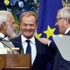 Prime Minister Narendra Modi with Donald Franciszek Tusk, President of the European Council and Jean-Claude Juncker, President of the European Commission after their joint press conference at Hyderabad House in New Delhi.