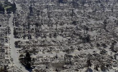 California 'horror' fires burn on, 40 dead in one week Santa Rosa: An aerial view shows the devastation of the Coffey Park neighborhood after a wildfire swept through Saturday. Photo: PTI