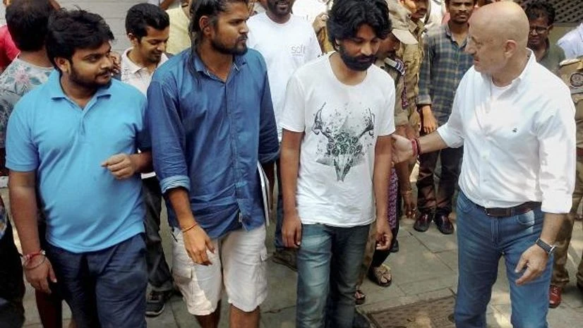 Anupam Kher Pune: Newly appointed FTII chairman Anupam Kher with students during his visit to the FTII campus in Pune on Monday. PTI Photo