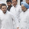 Congress VP Rahul Gandhi with former prime minister Manmohan Singh, Randeep Surjewala and other leaders leaves after a meeting regarding the party's November 8 protest against demonetisation, at AICC headquarters in New Delhi. (Photo: PTI)