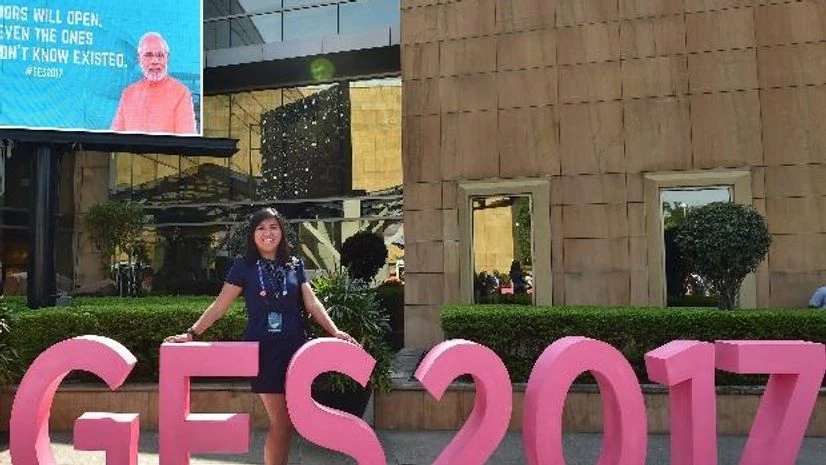 A delegate poses for a photo at the venue of the Global Entrepreneurship Summit 2017 in Hyderabad. (Photo: PTI) GES, GES 2017, Global Entrepreneurship Summit