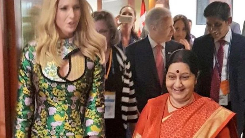 Ivanka Trump, Sushma Swaraj EAM Sushma Swaraj met Ivanka Trump, Advisor to the US President and Leader of the US delegation at #GlobalEntrepreneurshipSummit. (Photo: ANI)