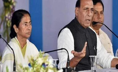 Protection grid to be set up along India-Bangladesh border: Rajnath Singh Union Home Minister Rajnath Singh, West Bengal Chief Minister Mamata Banerjee and Assam Chief Minister Sarbananda Sonowal