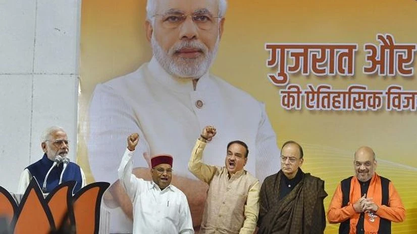 Prime Minister Narendra Modi with BJP President Amit Shah, Arun Jaitley, Ananth Kumar and TC Gehlot at a felicitation function in New Delhi on Monday, after the party's win in Gujarat and Himachal Pradesh Assembly elections. Photo: PTI Prime Minister Narendra Modi with BJP President Amit Shah, Arun Jaitley, Ananth Kumar and TC Gehlot at a felicitation function in New Delhi on Monday, after the party's win in Gujarat and Himachal Pradesh Assembly elections. Photo: PTI