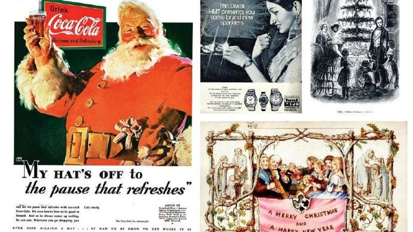 (Clockwise from above): The Saturday Evening Post's Coca-Cola advertisement featuring Santa Claus; an HMT advertisement on Diwali; an illustration of Queen Victoria with a Christmas tree; the first Christmas card dates back to Sir Henry Cole (Clockwise from above): The Saturday Evening Post's Coca-Cola advertisement featuring Santa Claus; an HMT advertisement on Diwali; an illustration of Queen Victoria with a Christmas tree; the first Christmas card dates back to Sir Henry Cole