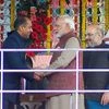 Prime Minister Narendra Modi greets the newly sworn-in Chief Minister of Himachal Pradesh, Jairam Thakur as BJP President Amit Shah looks on, after the oath ceremony at Ridge in Shimla Photo: PTI